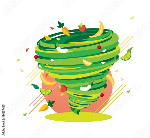 Crazy Green Healthy Fruit Swirl, Mad vitamin Storm, vector illustration
