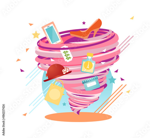 Unstoppable Shopping Lust swirl, Addiction Hurricane, vector illustration
