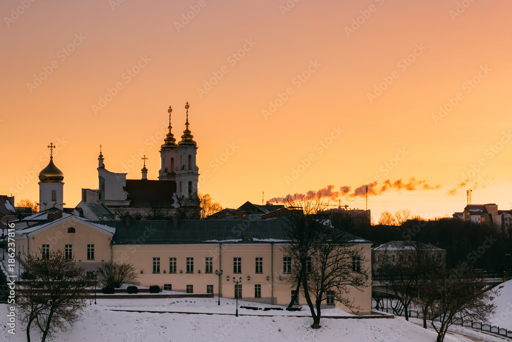 Vitebsk, Belarus. Sunrise Sky Over Local Landmark Holy Resurrection