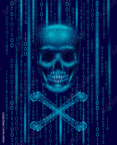 Jolly roger skull binary code numbers. Hacker piracy computer online attack alert. Scary warning hacking safety data security. Low poly polygonal triangle line 3d render vector illustration