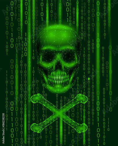 Jolly roger skull binary code numbers. Hacker piracy computer online attack alert. Scary warning hacking safety data security. Low poly polygonal triangle line 3d render vector illustration