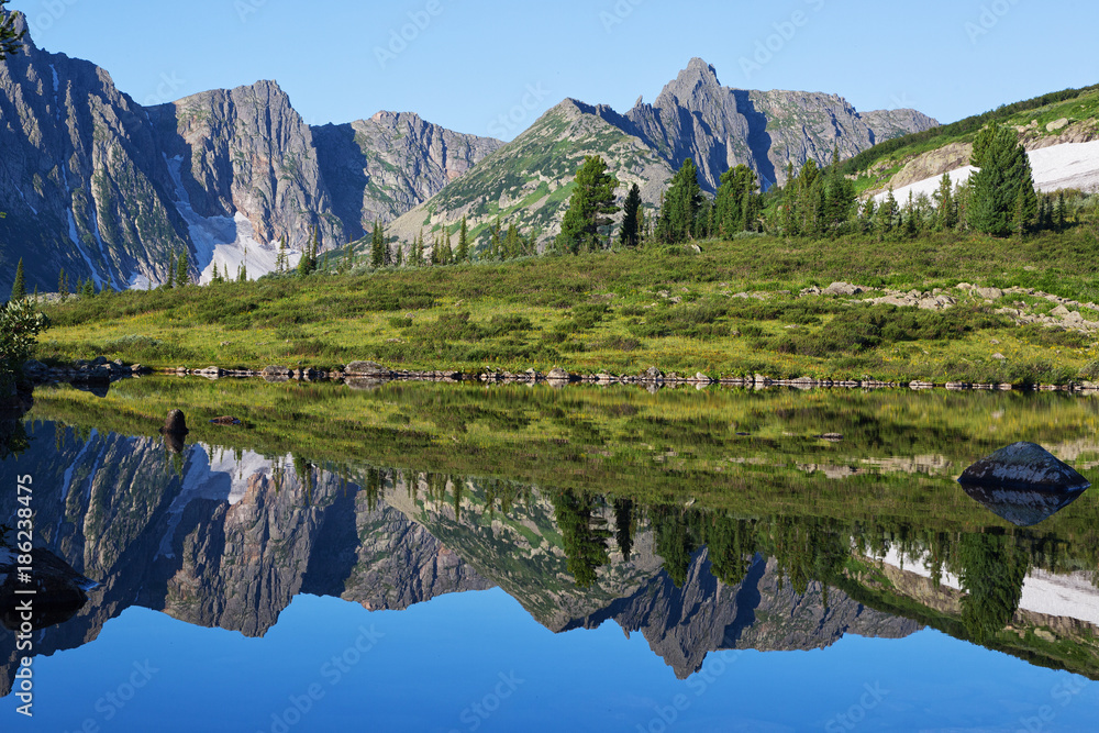reflection of the mountain on water, mirror image of mountains in water