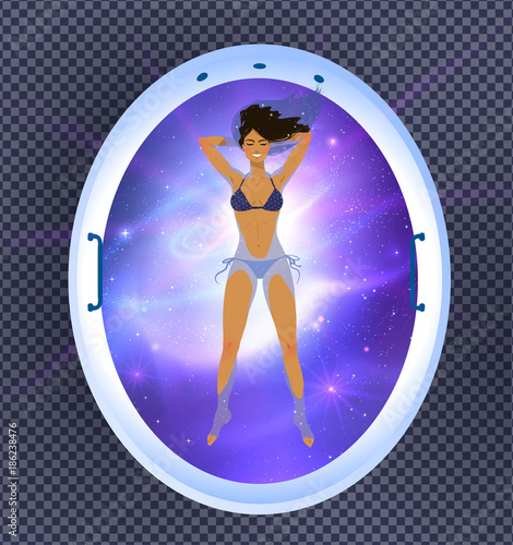 Young woman resting in floating tank with space
