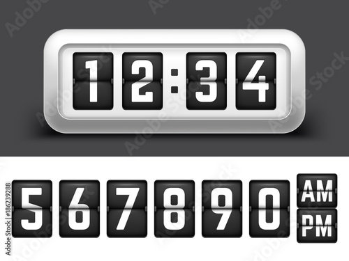 Realistic Flip clock with Flipping Numbers set. Vector Illustration of Mechanical Timetable.