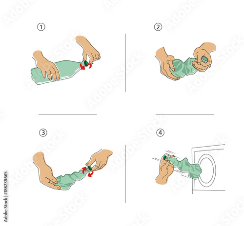 Four pictures with human hands.Sequential steps for recycling plastic bottles.