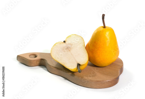 Ripe pears on a white background, odino whole, the second cut photo