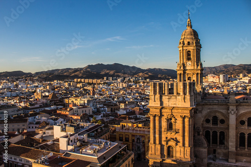 Malaga in the sunset. Cathedral in Malaga.