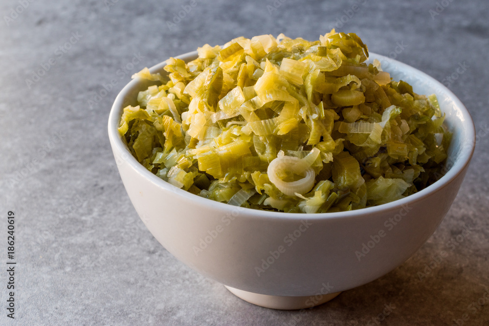 Fried Leek Slices in a bowl. Fried Leek Slices in a bowl.