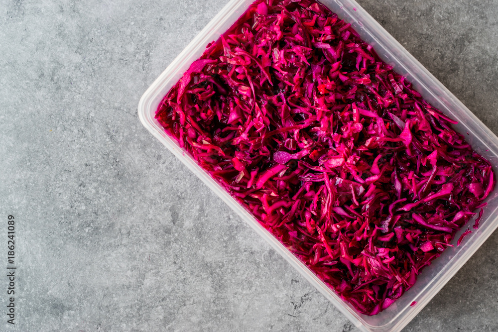 Shredded Red Cabbage Salad in Plastic bowl. / Pickle Shredded Red Cabbage Salad in Plastic bowl. / Pickle
