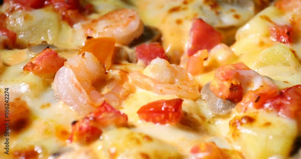 pizza cheese with topping of shrimp and tomato pizza cheese with topping of shrimp and tomato