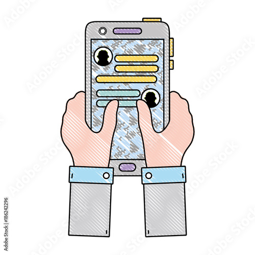 grated hands with smartphone and whatsapp chat message
