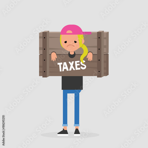 Paying taxes, conceptual illustration. Young unhappy female character standing locked in the wooden pillory / editable flat vector illustration, clip art