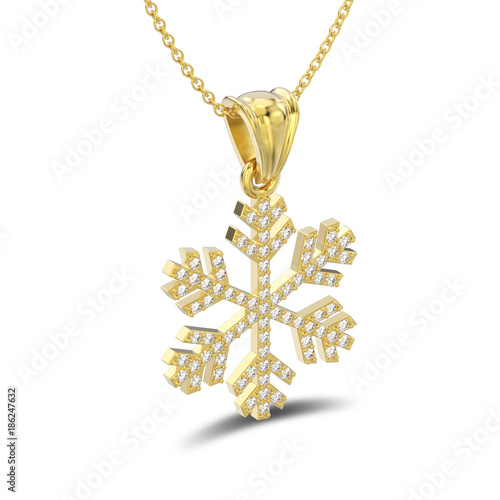 3D illustration isolated yellow gold diamond snowflake necklace and chain with shadow