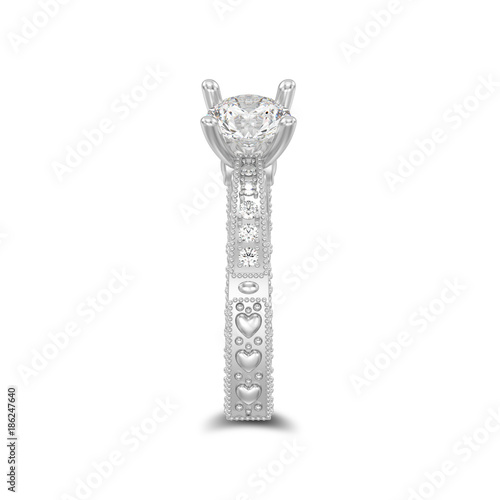 3D illustration isolated white gold or silver decorative diamond ring with ornament and hearts with shadow