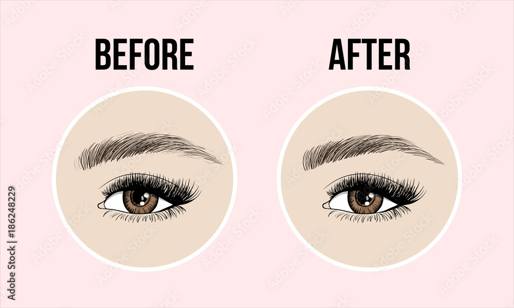 Makeup eyebrows. Set of wellgroomed and shaggy eyebrows. Before and