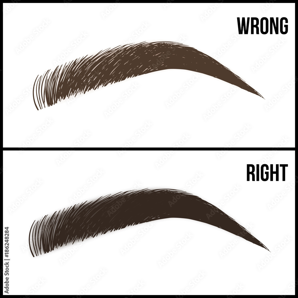 Eyebrows design. Set of wellgroomed and shaggy eyebrows. Wrong and