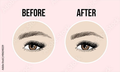 Makeup eyebrows. Set of well-groomed and shaggy eyebrows. Before and after the care. Beauty open eye with long eyelashes and skin. Vector illustration on pink background.