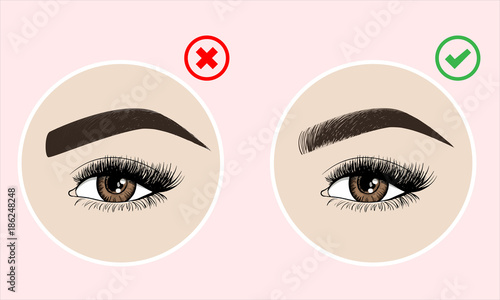 Right and wrong eyebrow coloring and eyebrows shapes. Female eyes and eyebrows vector elements. Types of eye makeup. Vector illustration on pink background.