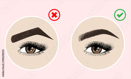 Right and wrong eyebrow coloring and eyebrows shapes. Female eyes and eyebrows vector elements. Types of eye makeup eyebrows. Vector illustration on pink background.