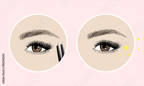 Makeup eyebrows. Set of well-groomed and shaggy eyebrows with tweezers. Before and after the care. Beauty open eye with long eyelashes and skin. Vector illustration on pink background.