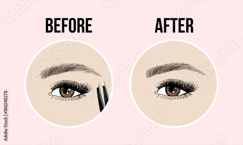 Makeup eyebrows. Set of well-groomed and shaggy eyebrows with tweezers. Before and after the care. Beauty open eye with long eyelashes and skin. Vector illustration on pink background.