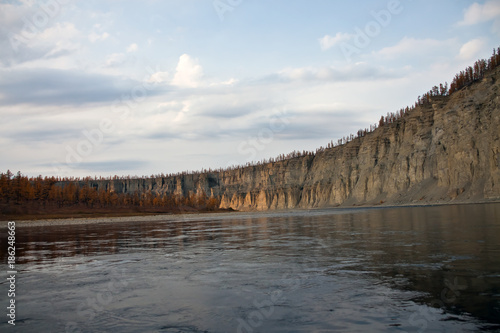 Landscape on Siberian river in the fall while fishing.