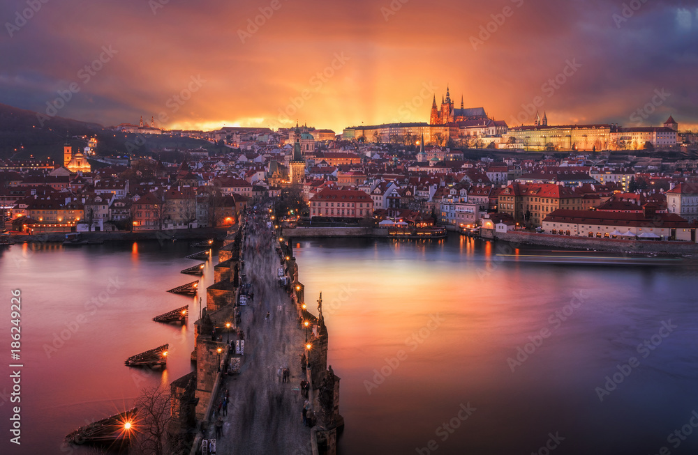 Beautiful sunset in the city of Prague
