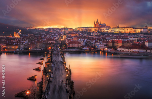 Beautiful sunset in the city of Prague