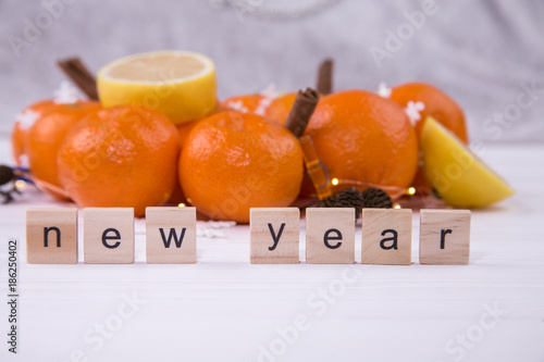 New Year compizition on a white wooden background