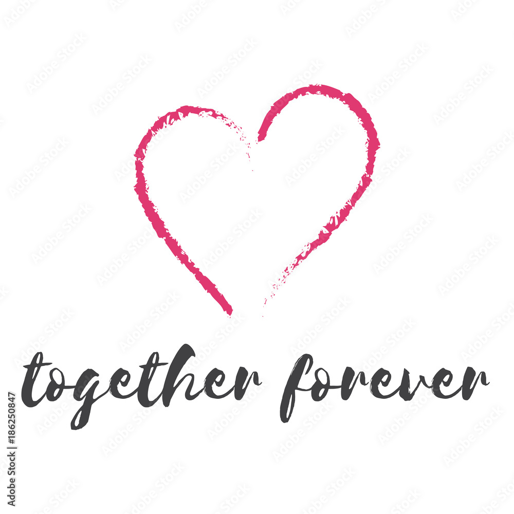 Valentine or wedding together forever hand drawing heart poster vector card design. Golden glitter heart isolated on white, vector illustration. wedding invitations, posters and flyers. Valentines Day