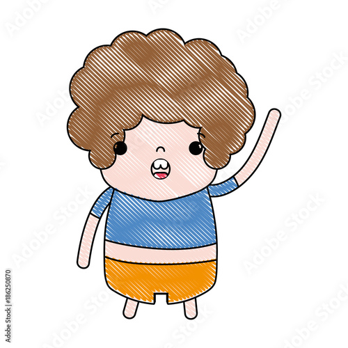 grated boy with curly hair and amazed face