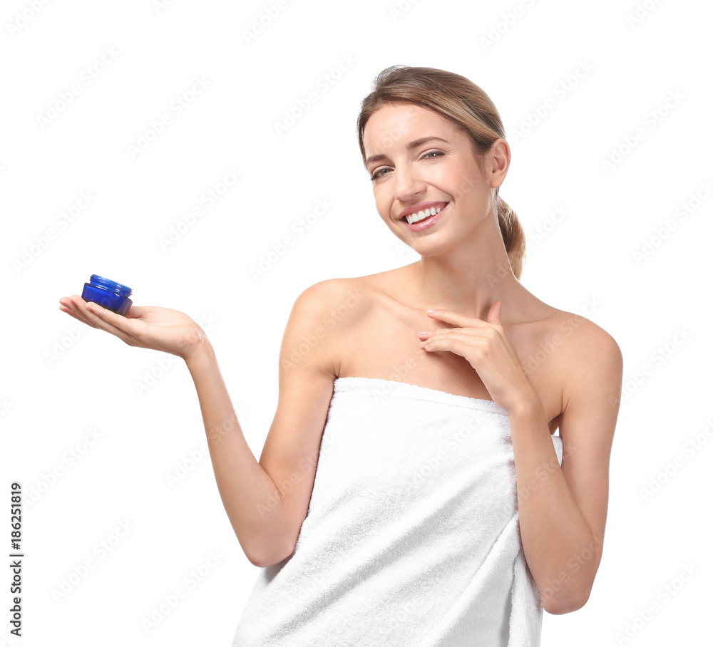 Young woman with body cream on white background Young woman with body cream on white background