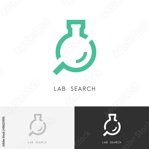 Lab search logo - laboratory test tube or bottle and loupe or magnifier symbol. Science, chemistry, medicine and research vector icon.