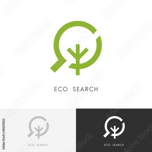 Eco search logo - green plant or tree and loupe or magnifier symbol. Ecology, nature and environment vector icon.