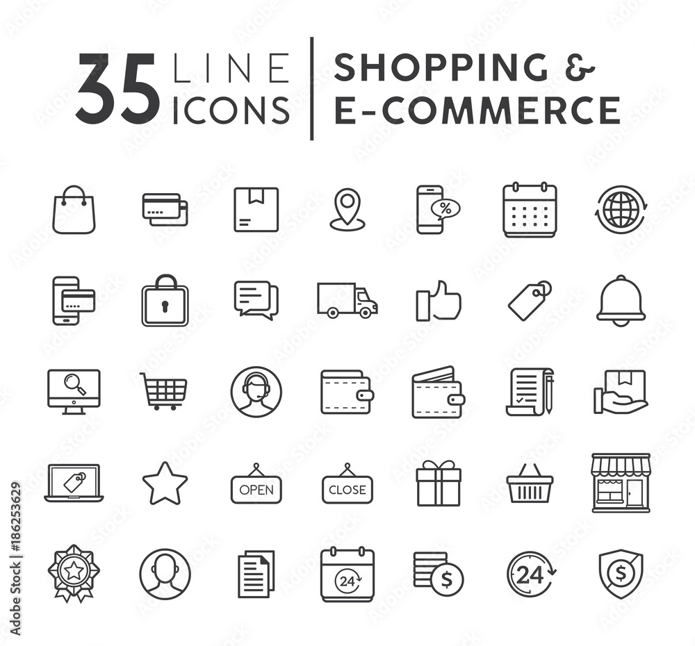 Vector set of E-commerce modern flat thin icons. Online shopping line icons set. E-commerce and shopping vector icons set. Outline web icons set. Vector illustration Vector set of E-commerce modern flat thin icons. Online shopping line icons set. E-commerce and shopping vector icons set. Outline web icons set. Vector illustration