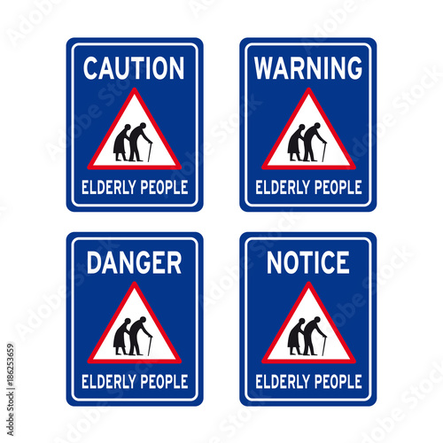 Elderly crossing traffic road sign set