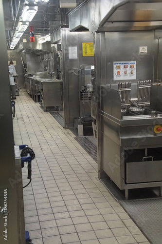 Large pots and pans in the kitchen galley