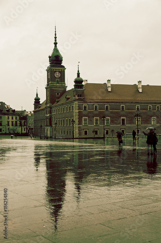 Warsaw castle square on a rainy day  vintage  old style .