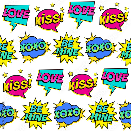 Seamless colorful pattern with comic speech bubbles patches on white background. Expressions LOVE, KISS, XOXO, BE MINE. Vector illustration for Valentine's day, pop art style