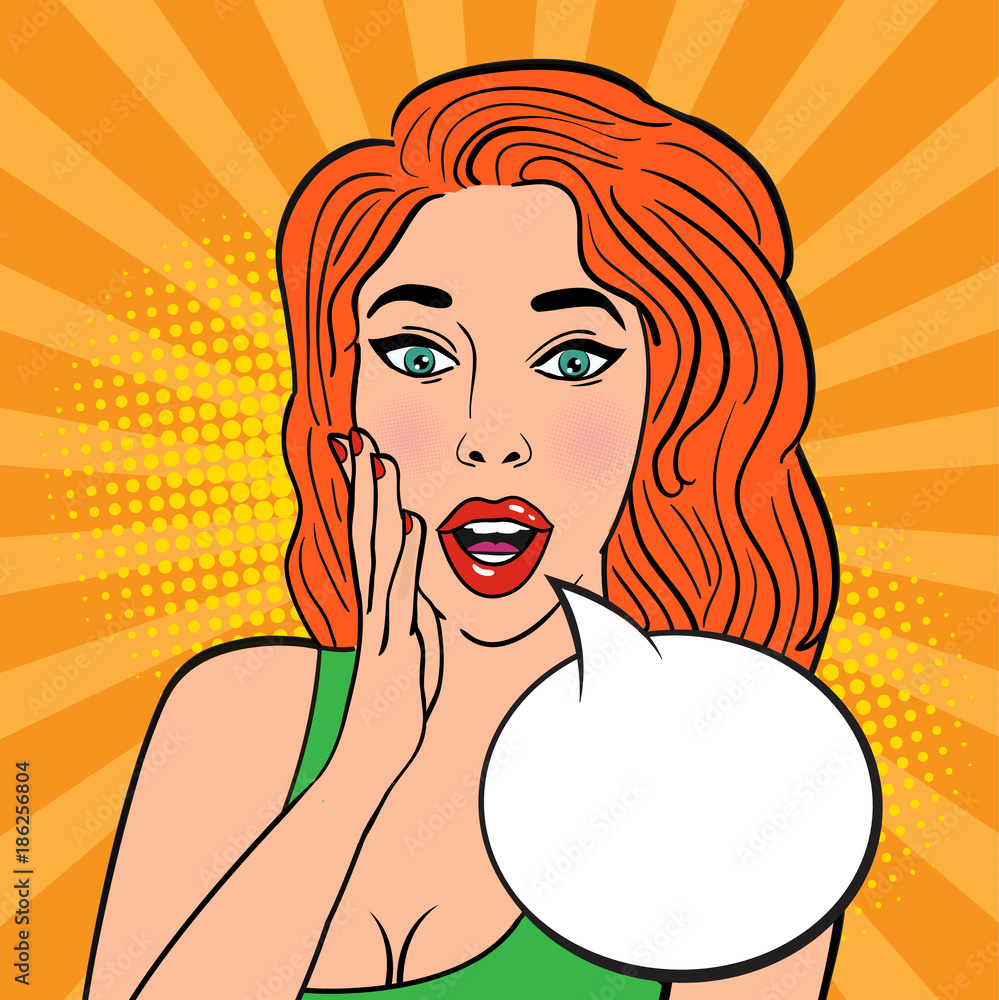 Sexy surprised redhead girl in green dress on striped orange background.  Comic speech empty bubble with halftone. Colorful vector illustration,  vintage comics design, pop art style back Stock Vector | Adobe Stock
