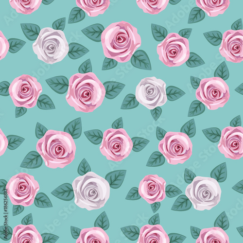 Seamless elegant floral pattern with pink and white roses on mint green background. Ditsy print. Perfect for scrapbooking  textile  wrapping paper etc. Vector illustration.