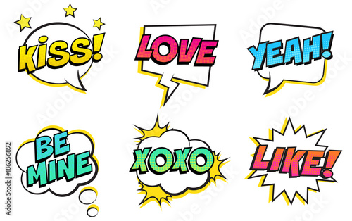 Retro colorful comic speech bubbles set for Valentine's Day. Isolated on white background. Expression text KISS, LOVE, YEAH, BE MINE, XOXO, LIKE. Vector illustration, pop art style.