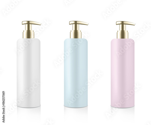 Mock up cosmetic set. White blue pink bottle with gold metallic dispenser for cream soap gel shampoo etc. Beauty product package template. Vector illustration