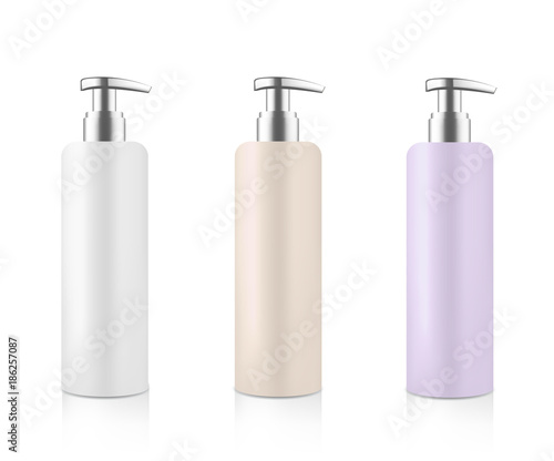 Mock up cosmetic set. Blue white beige and violet bottle with silver metallic dispenser for cream soap gel shampoo etc. Beauty product package template. Vector illustration