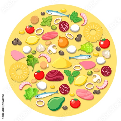 Pizza cooking ingredients. Vector pizza food elements round emblem with vegetables and tomato, pineapple and onion, ham portions on white background