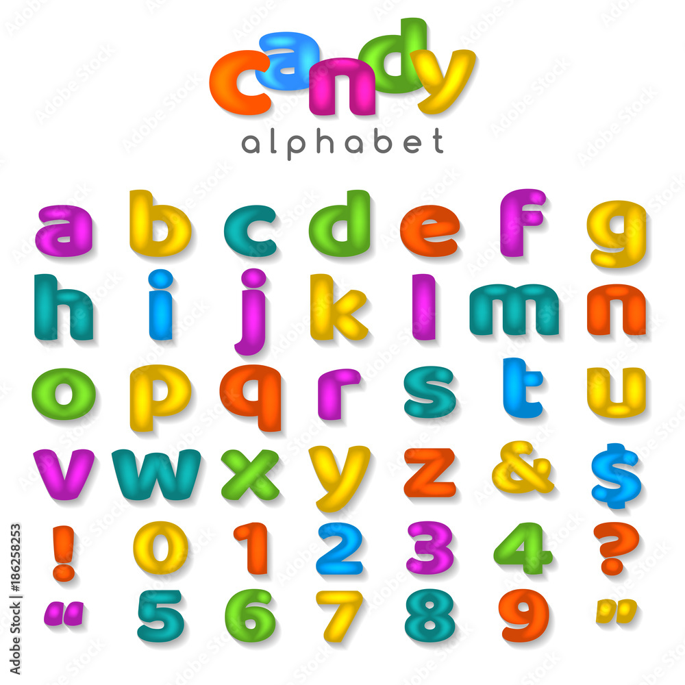 Candy color alphabet. Kids font with fun cartoon letters and bubble sweet numbers isolated on white background, vector illustration Candy color alphabet. Kids font with fun cartoon letters and bubble sweet numbers isolated on white background, vector illustration