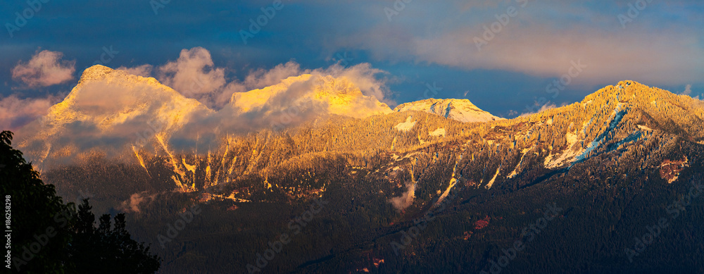 Panoramic format photo of Mt. Cheam at sunset, Chilliwack, British Columbia, Canada