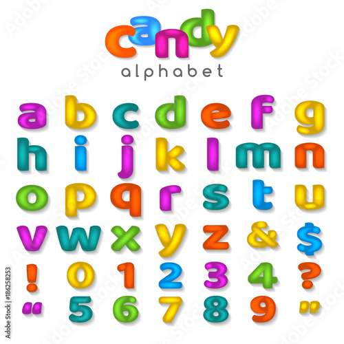 Candy color alphabet. Kids font with fun cartoon letters and bubble sweet numbers isolated on white background, vector illustration