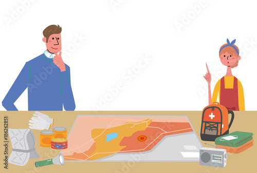 ハザードマップを見る夫婦　イラスト
