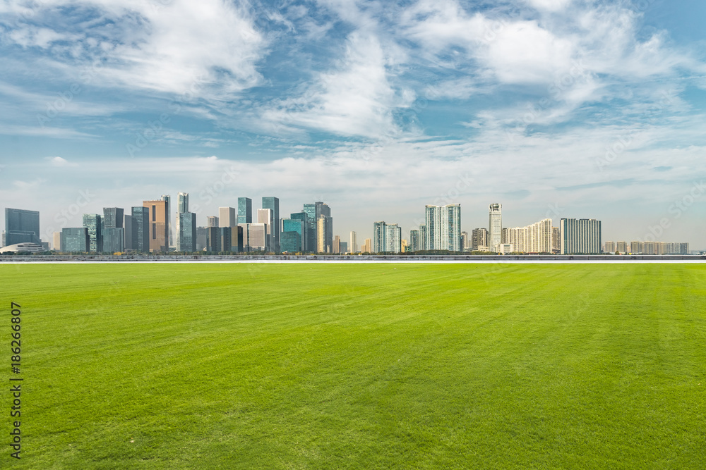 cityscape and skyline of hangzhou from meadow in park cityscape and skyline of hangzhou from meadow in park